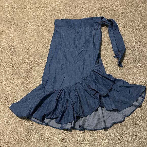 J Peterman Medium Skirt Midi 100% Cotton Denim Wrap Belted Chambray Blue - Picture 3 of 10